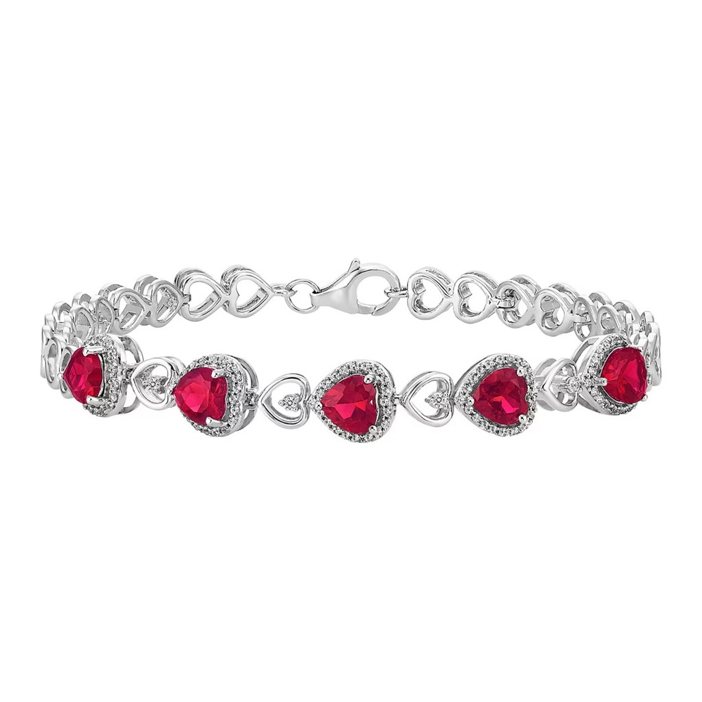 Created Ruby and White Sapphire Hearts Sterling Silver Bracelet- 7 3/4”